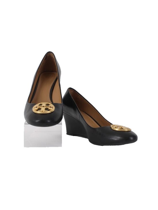 Tory Burch Shoes - Tory Burch Wedge Heels Sz 8 Black Gold Hardware Leather 2.5 Wedge Logo Heels